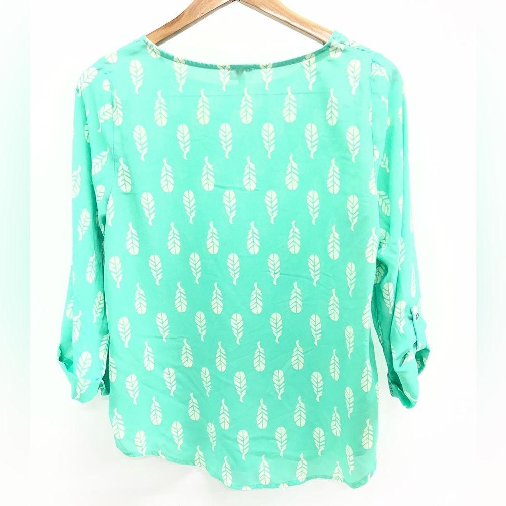 Pixley Mint Green Feather-Print Roll-Sleeve Blouse boho - Picture 2 of 4